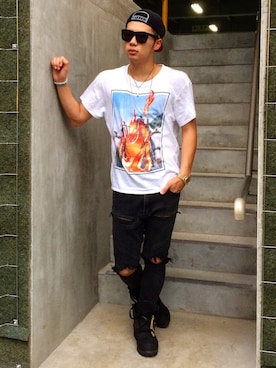 「JULIEN DAVID（ジュリエンデビッド）のアイテム（帽子）」を使った、SpongeNobuさん（メンズ・174cm）の夏コーディネート