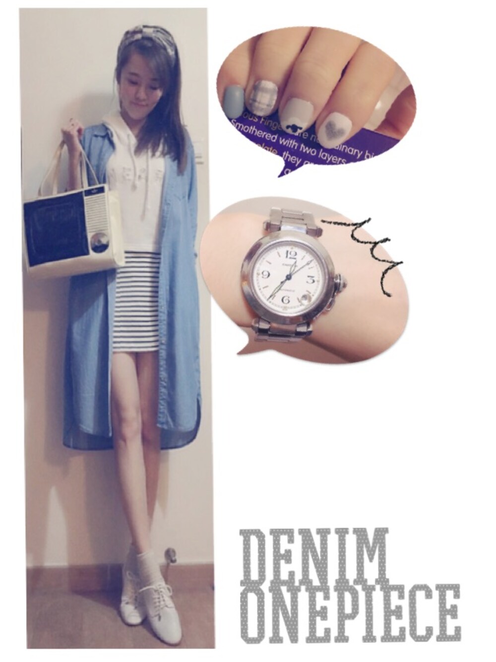 ブルー系のワンピース/ドレス、ホワイト系のハンドバッグ、ホワイト系のスウェットを着用したレディースの春コーディネートの1枚目の写真