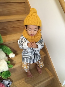 「韓国子供服のアイテム（ニットキャップ/ビーニー、イエロー系）」を使った、ともぴさん（キッズ・140cm）の秋コーディネート