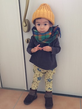 「韓国子供服のアイテム（ニットキャップ/ビーニー、イエロー系）」を使った、ともぴさん（キッズ・140cm）の秋コーディネート