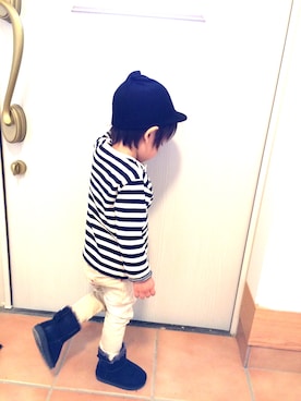 「韓国子供服のアイテム（キャップ、ブラック系）」を使った、ともぴさん（キッズ・140cm）の冬コーディネート