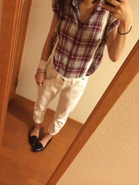 「Spick & Span（スピックアンドスパン）のダブルガーゼチェック N/S（シャツ/ブラウス、ホワイト系）」を使った、hina...さん（レディース・158cm）の夏コーディネート