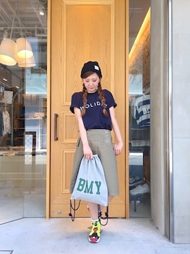 「ひざ丈スカート」｜「アイテム（ニットキャップ/ビーニー）」を使った、martagonさん（レディース・160cm）の夏コーディネート