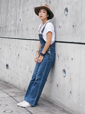 「hat」｜「アイテム（サロペット/オーバーオール）」を使った、akiさん（レディース・163cm）の秋コーディネート