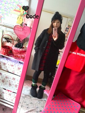 「アイテム（シャツワンピース、レッド系）」を使った、yuhinaさん（レディース・158cm）の冬コーディネート