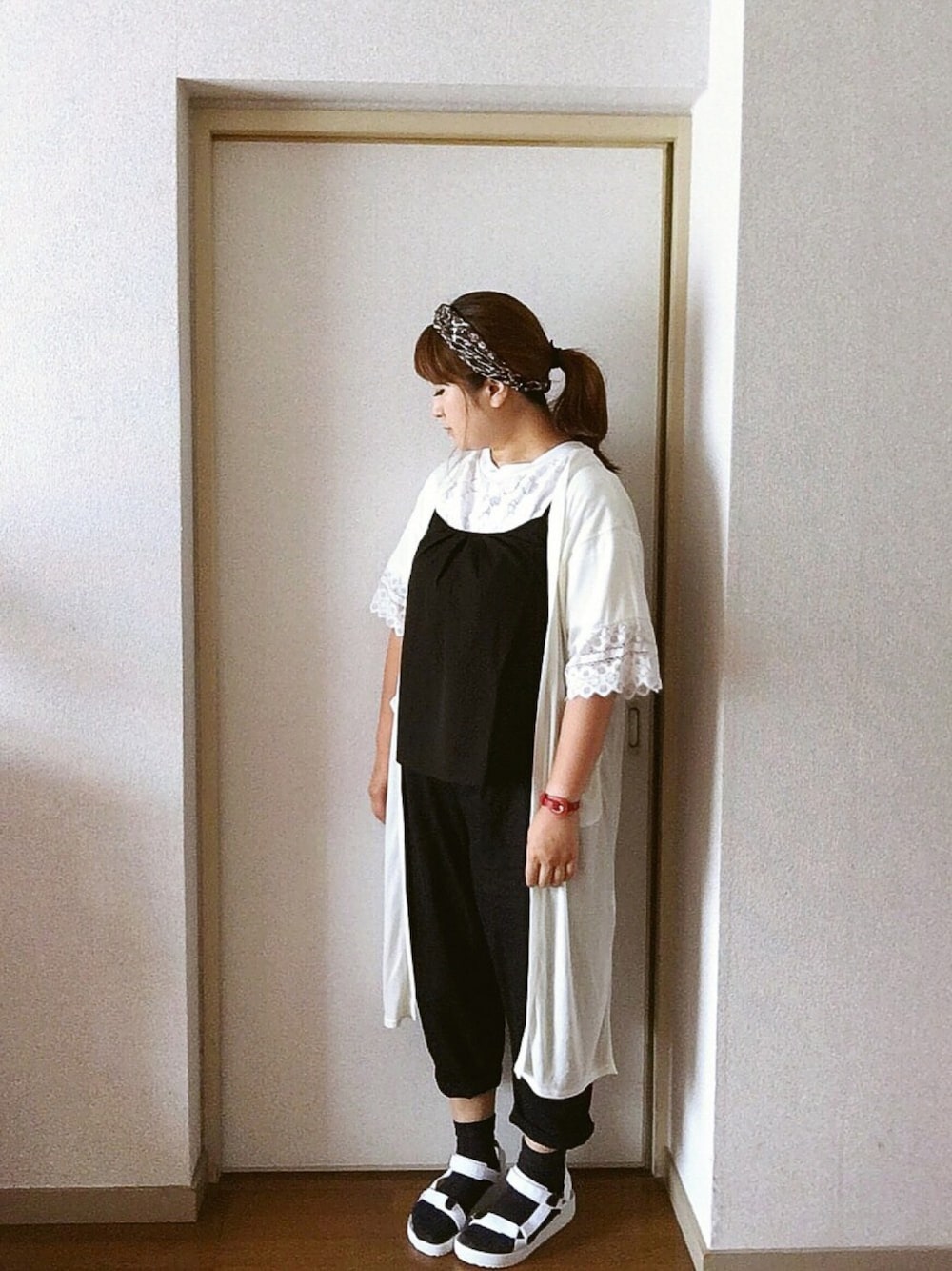 ホワイト系のカーディガン/ボレロ、ホワイト系のTシャツ/カットソー、ホワイト系のサンダルを着用したレディースの夏コーディネートの1枚目の写真