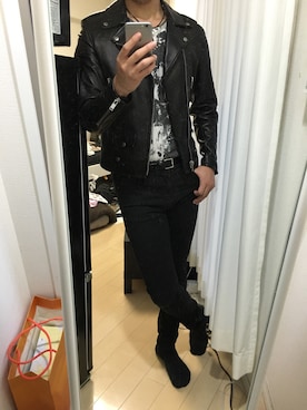 「シャツイン」｜「アイテム（ライダースジャケット）」を使った、RYO-Tさん（メンズ・178cm）の秋コーディネート