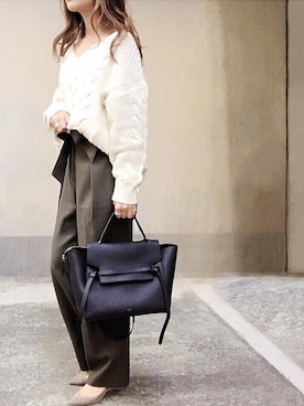 「SLOBE IENA（スローブイエナ）の3GG Vネックケーブルニット◆（ニット/セーター）」を使った、kumiさん（レディース・156cm）の冬コーディネート