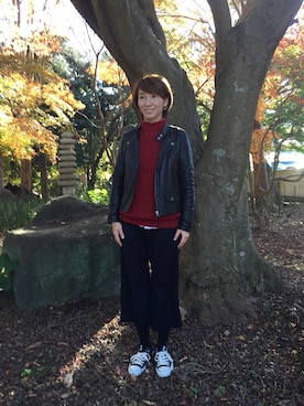 「coen」｜「アイテム（ライダースジャケット）」を使った、coen☆かなえさん（レディース・160cm）の冬コーディネート