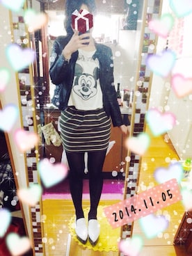 「ボーダースカート」｜「アイテム（ライダースジャケット）」を使った、MIさん（レディース・163cm）の秋コーディネート