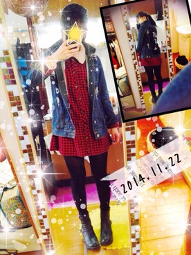 「チェックワンピース」｜「アイテム（デニムジャケット）」を使った、MIさん（レディース・163cm）の秋コーディネート