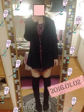 「小花柄ワンピース」｜「アイテム（その他アウター）」を使った、MIさん（レディース・163cm）の冬コーディネート