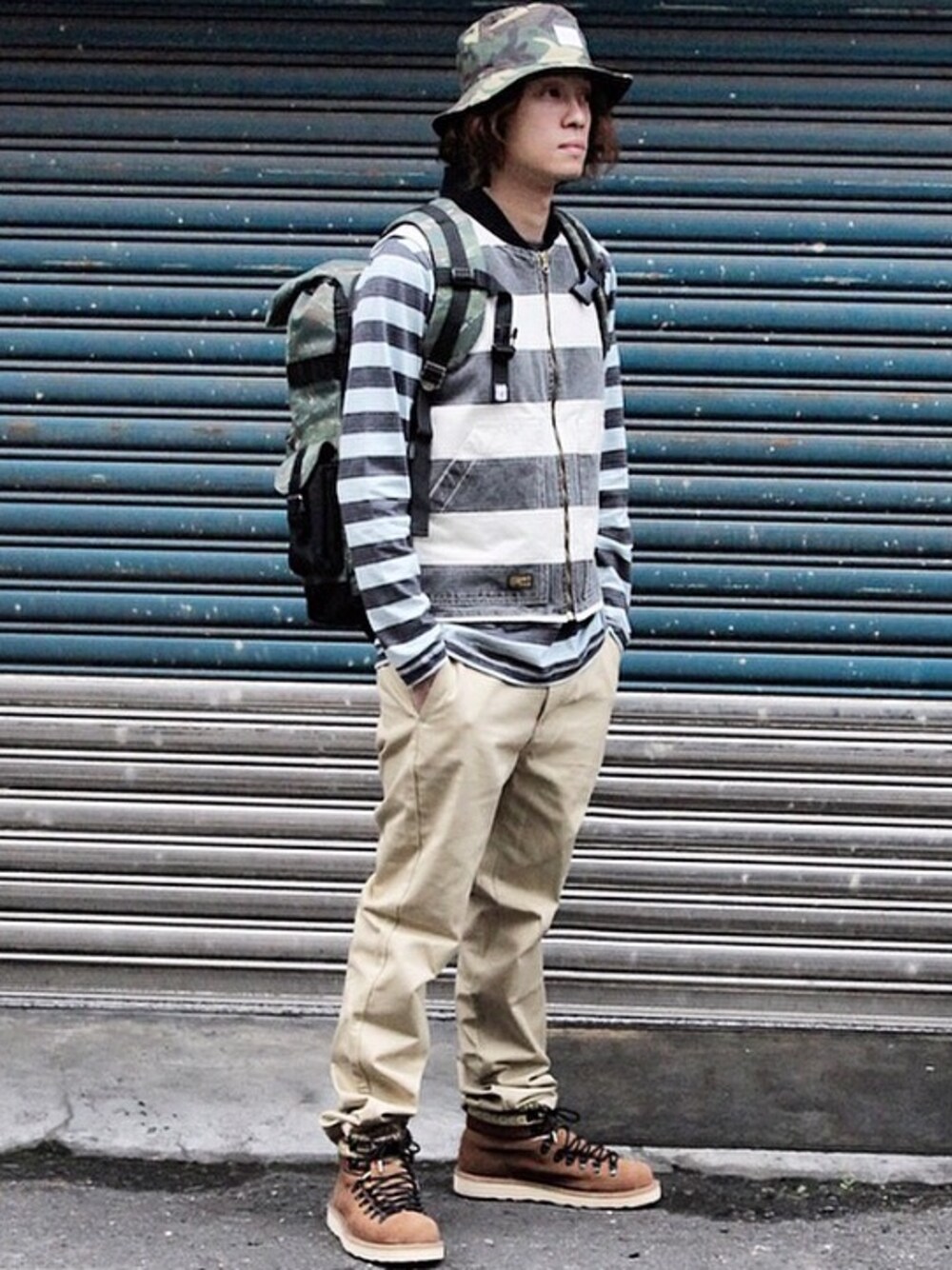 「STYLE、Taiwan、outfit、camouflage、WEARBOOKエントリー、outdoor、street」｜「OVERKILL inc.のアイテム（Tシャツ/カットソー、グレー系）」を使った、PUNXさん（メンズ・174cm）の秋コーディネートの1枚目の写真