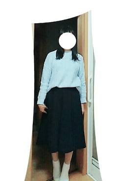 「GU（ジーユー）のWワイドボクシーセーター（ニット/セーター、ブルー系）」を使った、麻耶∞さん（レディース・153cm）の秋コーディネート
