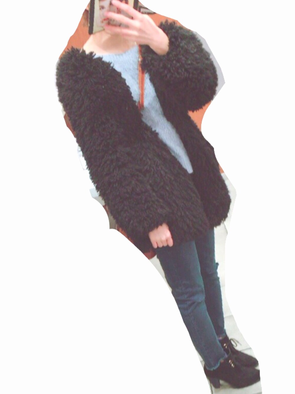 「冬、寒い、outfit、ユニクロ、knit、Kastane、ファー、スキニー、カジュアルコーデ、casual」｜「one after another NICE CLAUPのもこもこブルゾン（ブルゾン、ブラック系）」を使った、fuさん（レディース・165cm）の冬コーディネートの1枚目の写真
