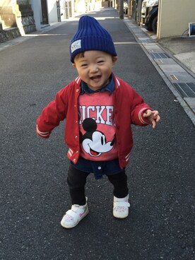 「petit main（プティマイン）のアイテム（スタジャン）」を使った、yuipさん（キッズ・80cm）の春コーディネート