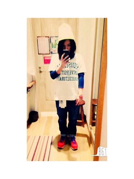 「HEART MARKET（ハートマーケット）のアイテム（Tシャツ/カットソー、ホワイト系）」を使った、harunaさん（レディース・155cm）の冬コーディネート