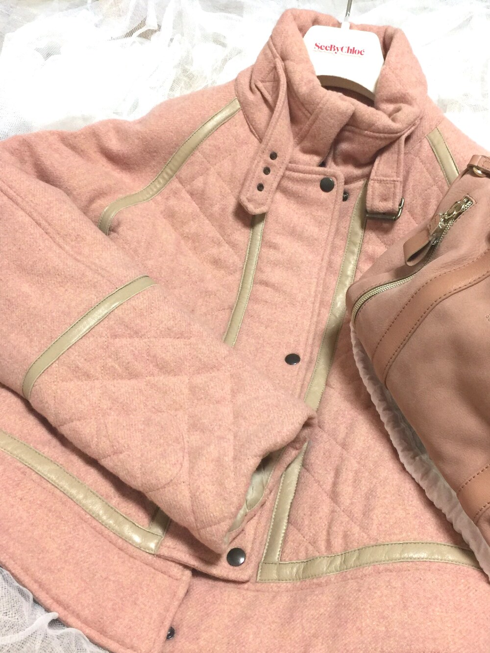 「ピンク」｜「SEE BY CHLOEのアイテム（ダウンジャケット/コート、ピンク系）」を使った、sasyafashionさん（レディース・147cm）の春コーディネートの1枚目の写真