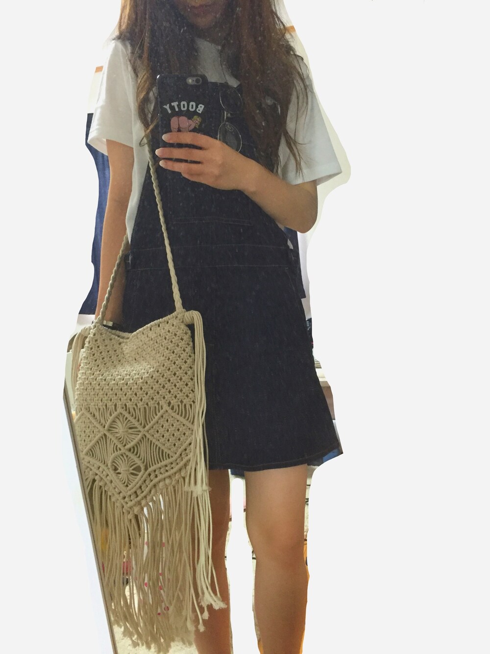 「ootd、シンプル、サロペット」｜「UNIQLOのMEN ドライカラークルーネックT（半袖）（Tシャツ/カットソー、ホワイト系）」を使った、sakipiさん（レディース・158cm）の夏コーディネートの1枚目の写真
