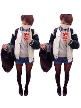 「スウェット×シャツ」｜「アイテム（スタジャン）」を使った、かとななさん（レディース・156cm）の冬コーディネート