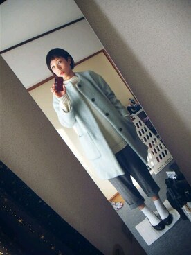 「studio CLIP（スタディオクリップ）の【studio CLIP】 スラブヘリンボンツイードクルーネックコート（ノーカラージャケット）」を使った、いしこさん（レディース・157cm）の冬コーディネート