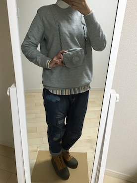 「Ne-net（ネネット）のネルストライプ②（シャツ/ブラウス）」を使った、わさびさん（レディース・156cm）の冬コーディネート