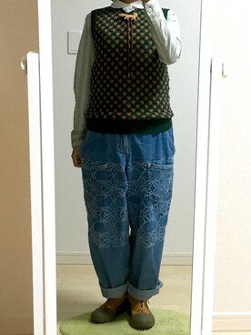 「Ne-net（ネネット）のネルストライプ②（シャツ/ブラウス）」を使った、わさびさん（レディース・156cm）の秋コーディネート