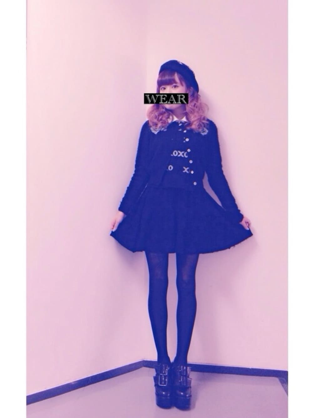 「PAMEO POSE、lilLilly、milk、黒ベレー帽、ベレー帽、黒×水色、ニットスカート、黒スカート、女の子コーデ、リルリリー」｜「lilLillyのアイテム（その他シューズ、ブラック系）」を使った、mayuさん（レディース・158cm）の冬コーディネートの1枚目の写真