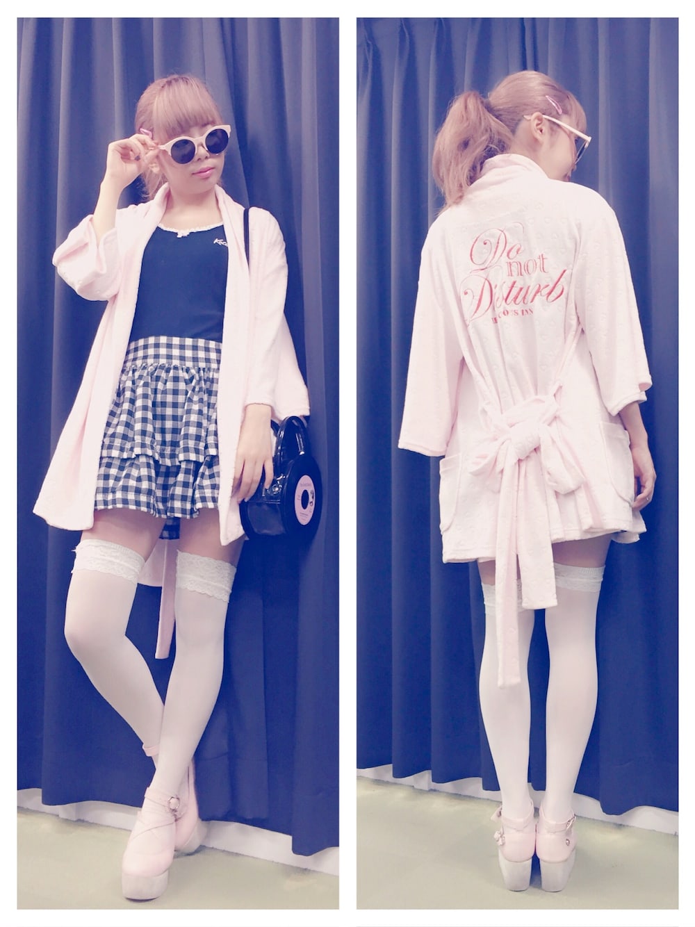 「lilLilly、LILICIOUS、リルリリー、リリシャス、Dior、バスローブ、薄ピンク、ギンガムチェック、ピンクサングラス、白ニーハイ」｜「LILICIOUSのハートエンボスバスローブ（ルームウェア/パジャマ、ピンク系）」を使った、mayuさん（レディース・160cm）の夏コーディネートの1枚目の写真