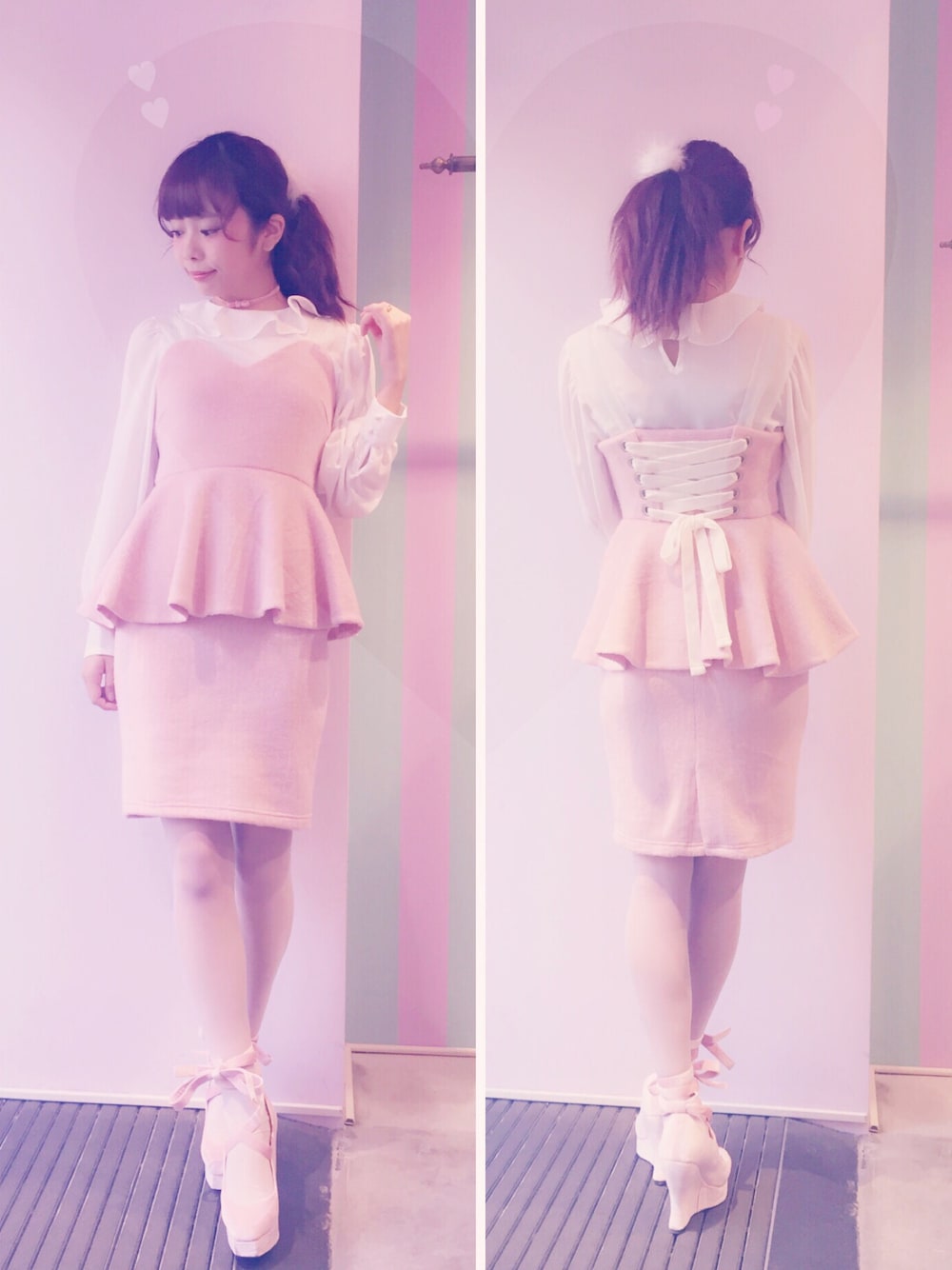 「lilLilly、リルリリー、LILICIOUS、リリシャス、レースアップ、バレリーナ、白×ピンク、ピンクワンピ、ペプラムワンピース」｜「lilLillyのバックレースアップペプラムドレス（ワンピース、ピンク系）」を使った、mayuさん（レディース・160cm）の秋コーディネートの1枚目の写真