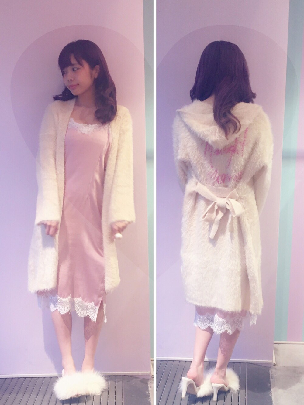 「lilLilly、リルリリー、LILICIOUS、リリシャス、ランジェリーワンピース、シャギーニット、シャギーカーディガン、バスローブ、ファー小物、おフェロ」｜「LILICIOUSのシャギーニットフードガウン（ルームウェア/パジャマ、ベージュ系）」を使った、mayuさん（レディース・160cm）の秋コーディネートの1枚目の写真
