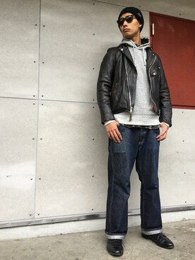 「schott（ショット）のSchott/ショット/13oz. JEANS MEDIUM FIT/13オンス　ジーンス　ミディアム　フィット（デニムパンツ）」を使った、Renさん（メンズ・176cm）の冬コーディネート