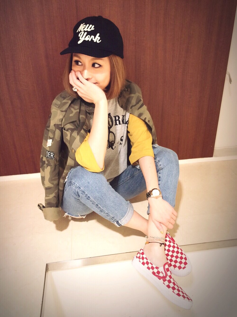 「アメカジ、ダスティパステル、ラフ、カモフラ、チェッカーフラッグ、クラッシュデニム、CAP」｜「BershkaのカモフラJK（ミリタリージャケット、グリーン系）」を使った、manaさん（レディース・156cm）の冬コーディネートの1枚目の写真
