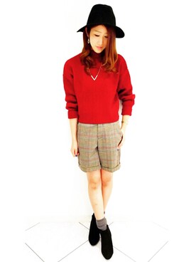「UNRELISH（アンレリッシュ）の【瀬戸晴加さん着用】せとはる×UNRELISHコラボ　アゼドロップニット（ニット/セーター、レッド系）」を使った、arisaさん（レディース・170cm）の秋コーディネート