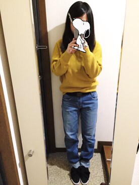 「GU（ジーユー）のアイテム（ニット/セーター、イエロー系）」を使った、みんこさん（レディース）の秋コーディネート
