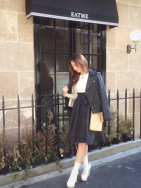 「EATME」｜「アイテム（ライダースジャケット）」を使った、SAYAKA♡TANIKAMIさん（レディース・158cm）の冬コーディネート