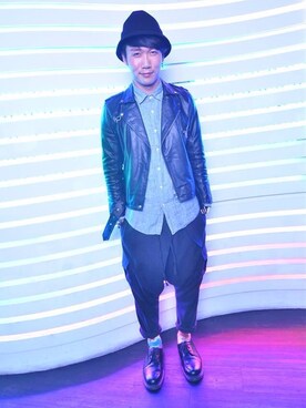 「wamのアイテム（ブルゾン、ブラック系）」を使った、駿さん（メンズ・180cm）の夏コーディネート