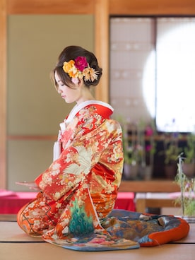 「色打掛のアイテム（浴衣、レッド系）」を使った、Ruri Mouさん（レディース）の秋コーディネート