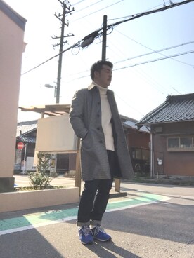 「TAKEO KIKUCHI（タケオキクチ）のアイテム（ステンカラーコート）」を使った、enomonさん（メンズ・174cm）の春コーディネート