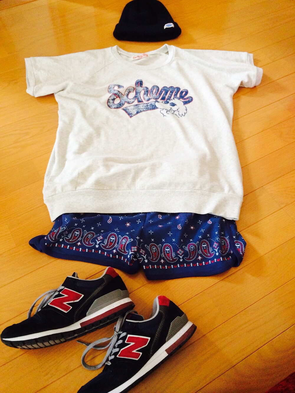 「Candy Stripper、WC、ニューバランス996」｜「NEW BALANCEのNew Balance MRL996 BN　NAVY/BURGUNDY（その他、その他）」を使った、おたえさん（レディース・153cm）の夏コーディネートの1枚目の写真
