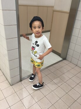「しまむら（シマムラ）のアイテム（ニットキャップ/ビーニー、ブラック系）」を使った、icさん（キッズ・100cm）の秋コーディネート