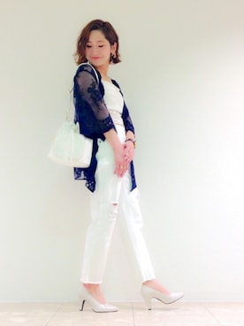 「Chico（チコ）のイージーダメージカットデニムパンツ（デニムパンツ）」を使った、tanaka miyuuさん（レディース・155cm）の春コーディネート