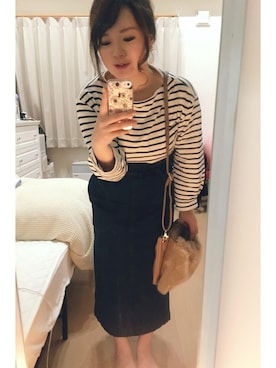 「Ray BEAMS（レイビームス）の◇【予約】【ラブリ着用】Ray BEAMS / デニムロング タイトスカート（デニムスカート、ブルー系）」を使った、ᴹᴬᶠᵁᵞᵁさん（レディース・153cm）の秋コーディネート