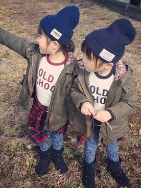 「韓国子供服のアイテム（Tシャツ/カットソー、ホワイト系）」を使った、♡PON♡さん（キッズ・110cm）の冬コーディネート