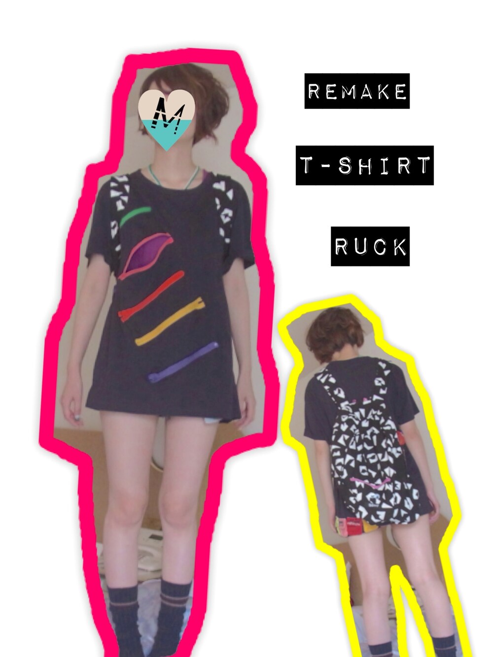 「リュック、ショートパンツ、Tシャツ、手作り、リメイク、イベント、ソックスコーデ、ももクロ、髪型、リメイクT」｜「リメイクのリメイクリュック（バックパック/リュック、ブラック系）」を使った、マイクルさん（レディース・166cm）の夏コーディネートの1枚目の写真