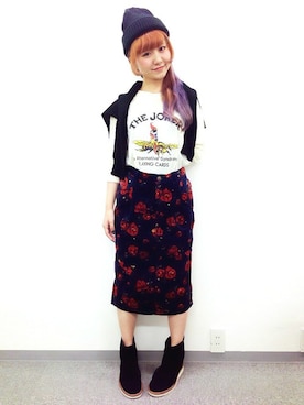 「花柄 スカート」｜「アイテム（ニットキャップ/ビーニー）」を使った、ミッツ☆さん（レディース・155cm）の秋コーディネート