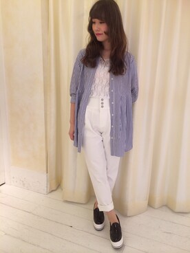 「NICE CLAUP（ナイスクラップ）のストライプシャツ（シャツ/ブラウス、ブルー系）」を使った、sa__yaさん（レディース・152cm）の春コーディネート