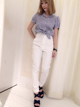 「NICE CLAUP（ナイスクラップ）のストライプシャツ（シャツ/ブラウス、ブルー系）」を使った、sa__yaさん（レディース・152cm）の夏コーディネート