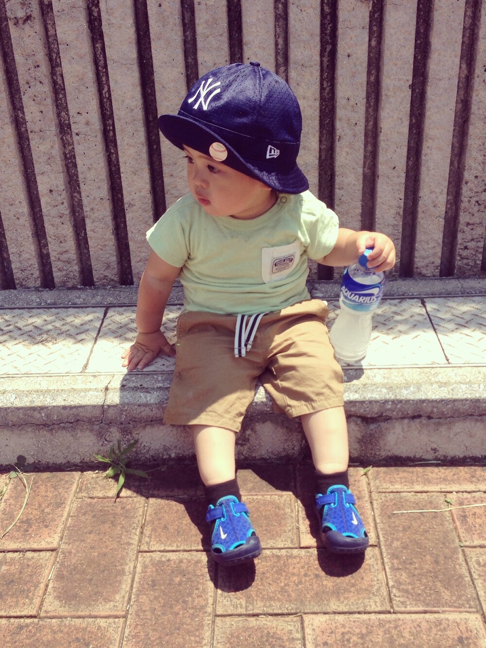 「ひとやすみ、next、NIKE、JUNKSTORE、NEW ERA、newyorkyakees、おにぎりコーデ、1歳、１歳８ヶ月、ワンポケT」｜「BREEZEのミントグリーンT（Tシャツ/カットソー、グリーン系）」を使った、おにぎりさん（キッズ・80cm）の夏コーディネートの1枚目の写真
