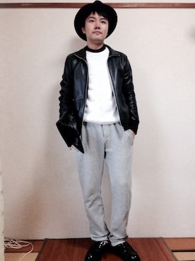「NANO universe（ナノユニバース）のアイテム（ライダースジャケット、ブラック系）」を使った、しあのすさん（メンズ・166cm）の秋コーディネート